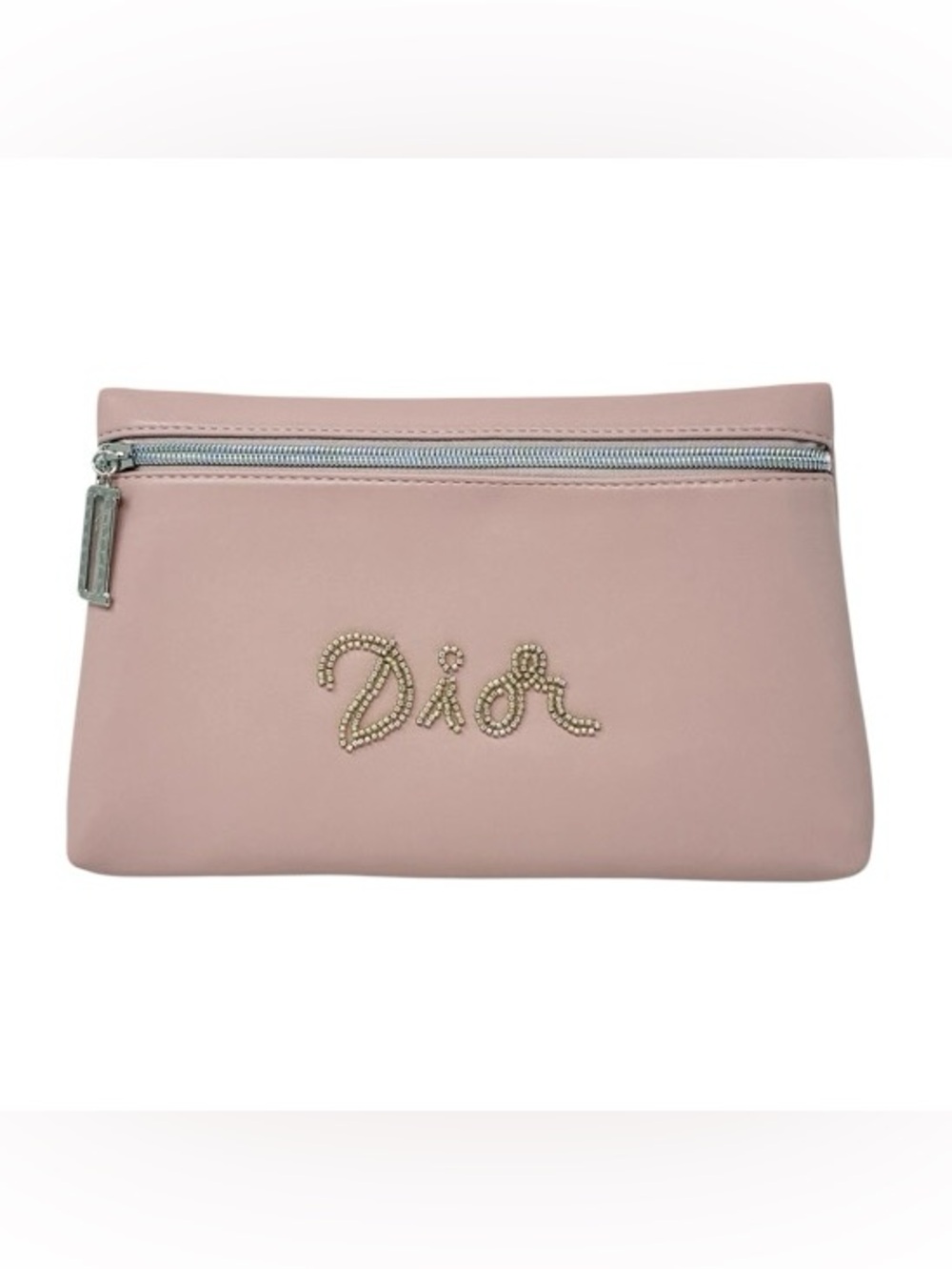 DIOR Blush Pink Zippered Pouch with Beaded Dior Logo New